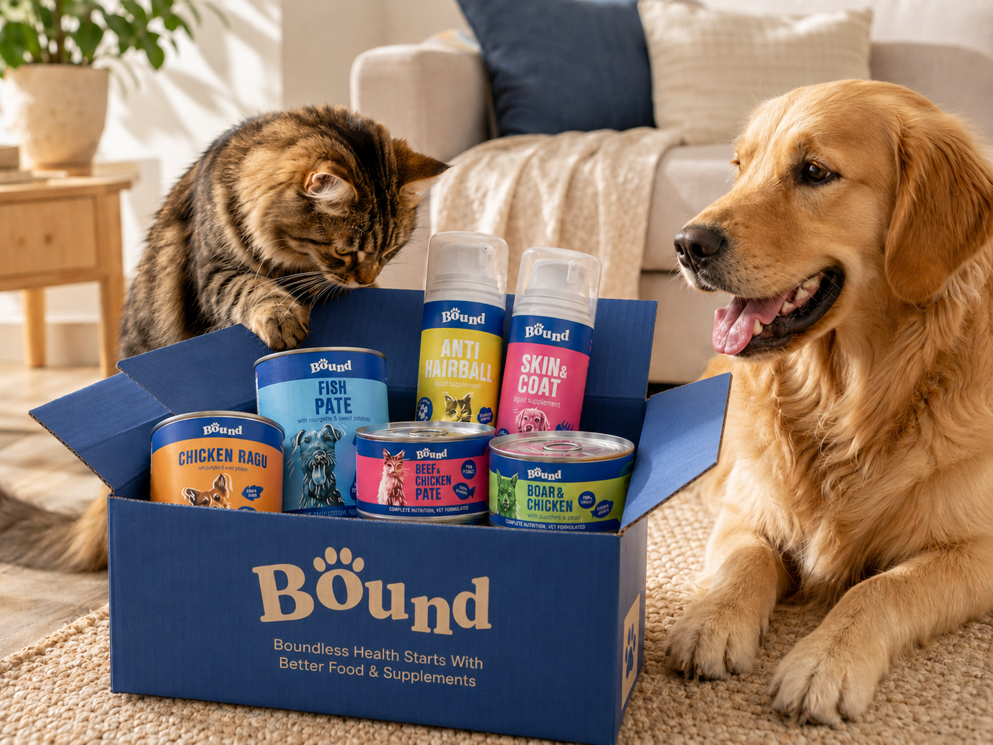 Owner pouring a Bound supplement over her dog's food bowl in the kitchen