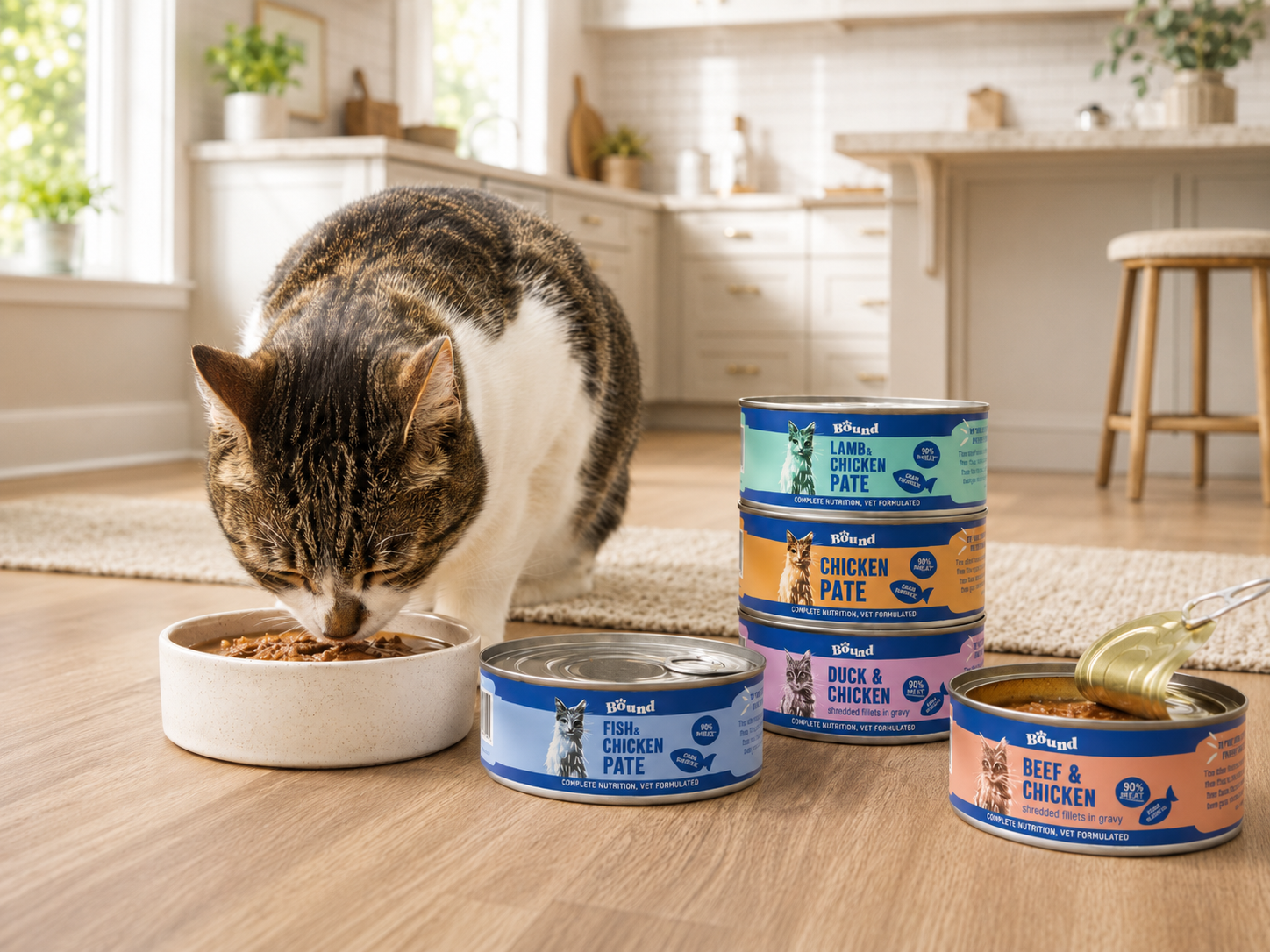 Bound cat and dog supplements and food cans lined up together