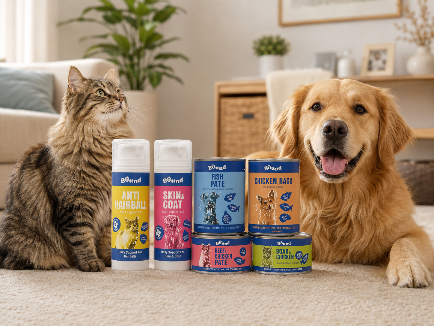 Cat and Golden Retriever exploring an open Bound subscription box