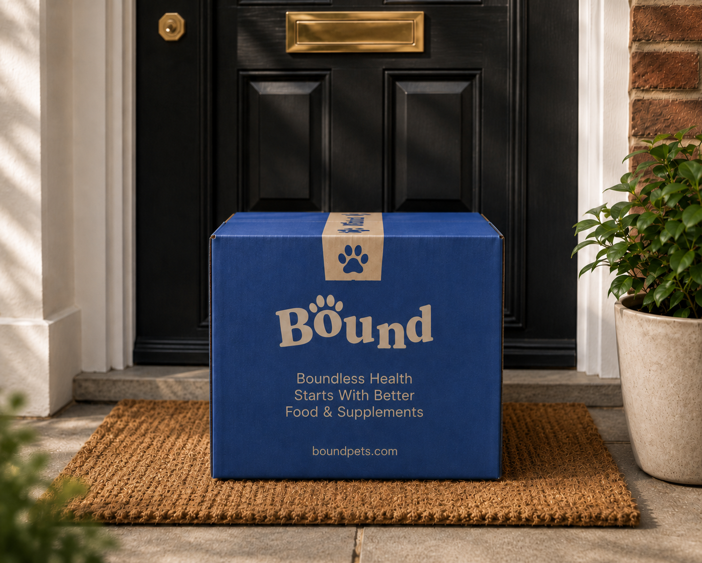 Cat eating Bound wet food beside a stack of Bound cans